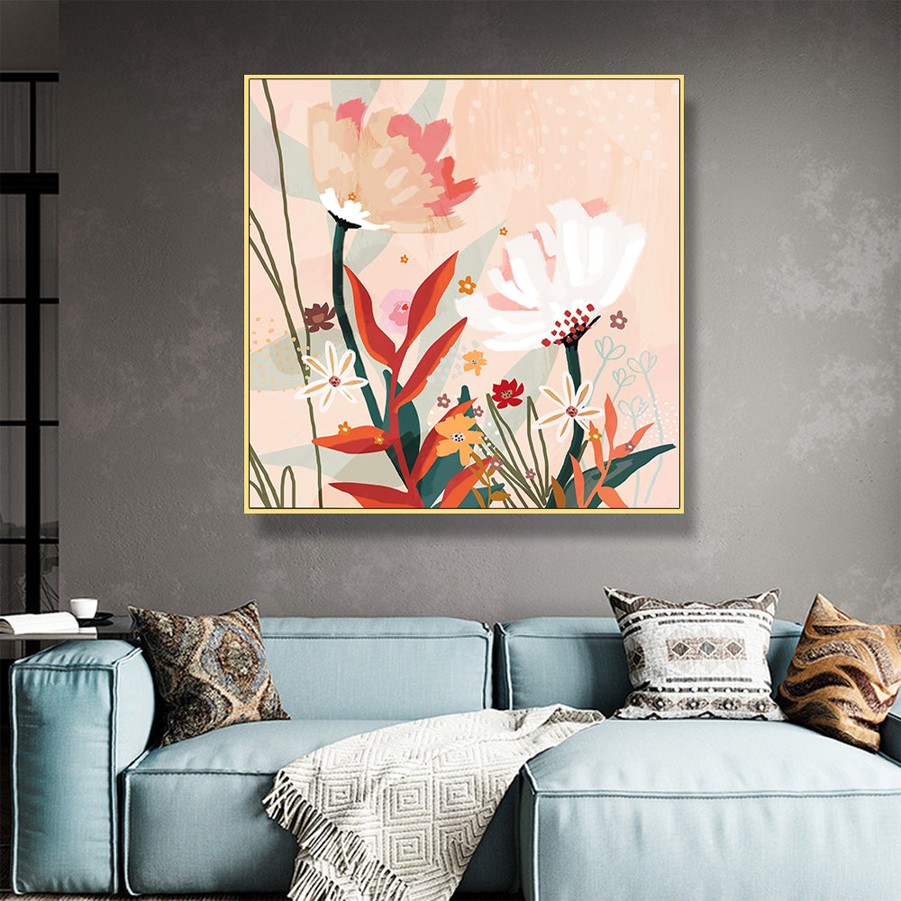 Wall Art 90cmx90cm Native Floral Gold Frame Canvas