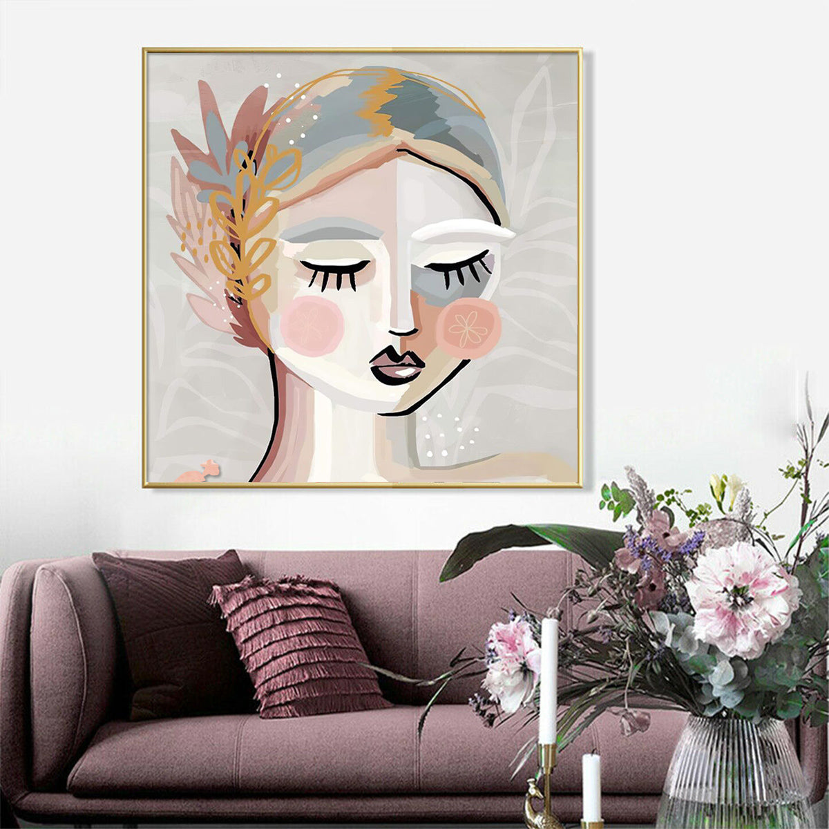 Wall Art 40cmx40cm Calm Girl Gold Frame Canvas