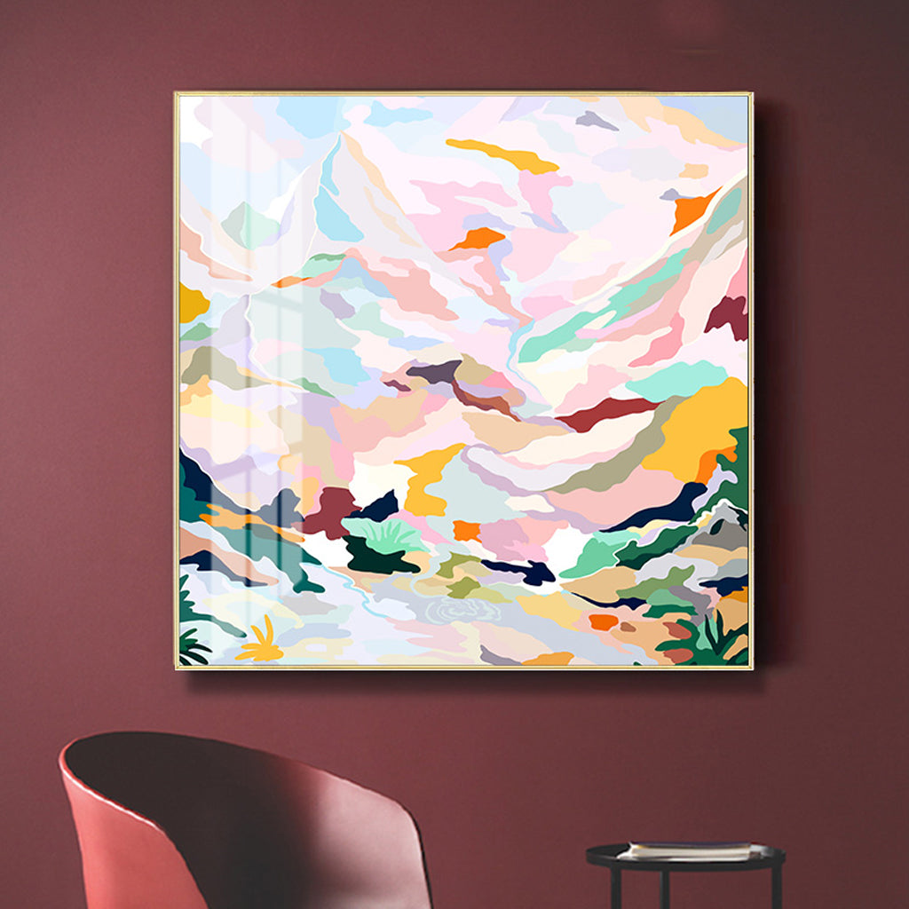 Wall Art 40cmx40cm Abstract Pink Mountain Hand Painted Style Gold Frame Canvas