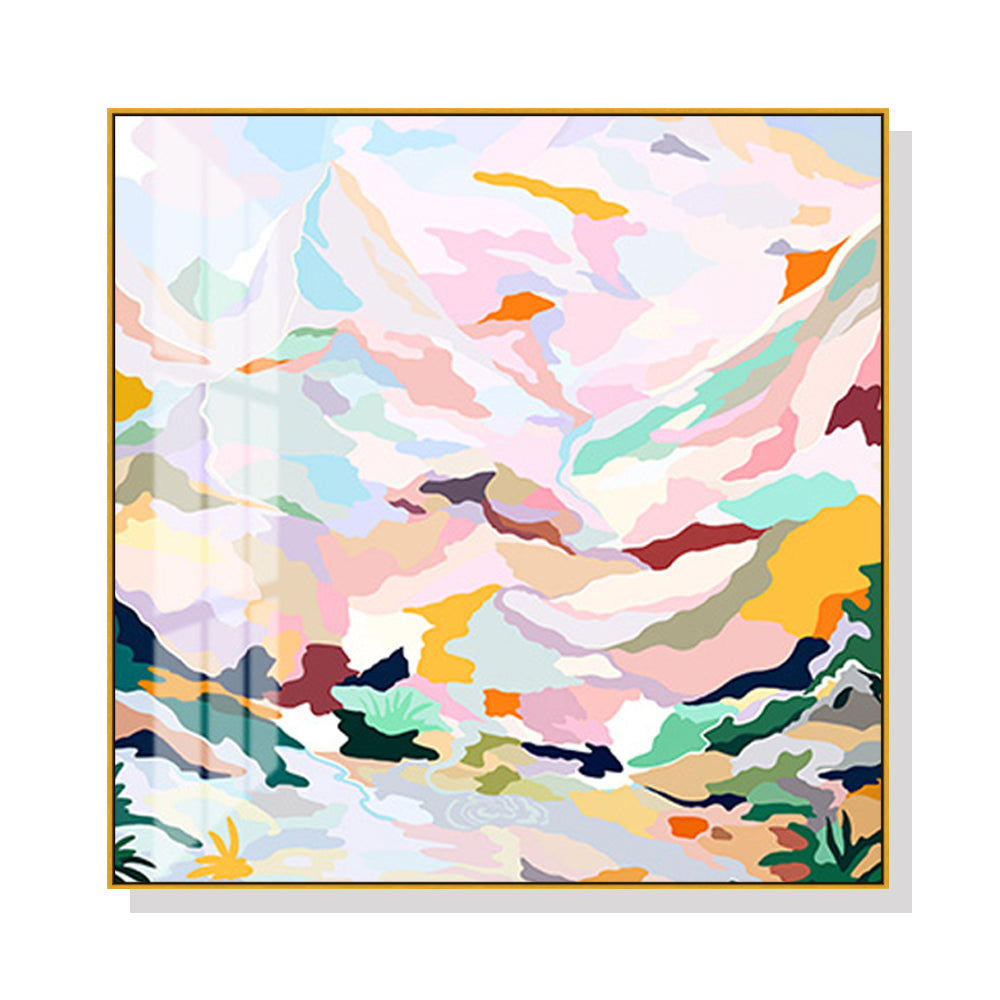 Wall Art 80cmx80cm Abstract Pink Mountain Hand Painted Style Gold Frame Canvas