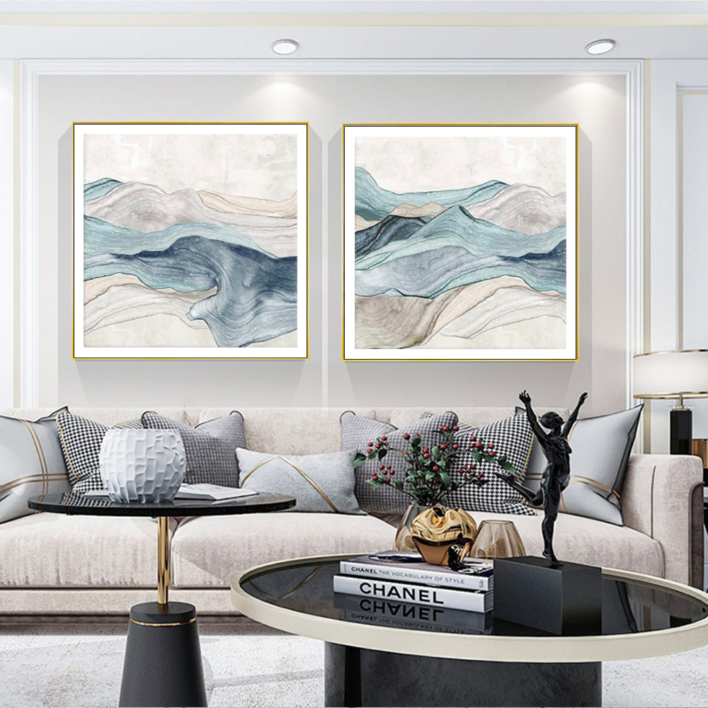 Wall Art 60cmx60cm Blue Mountain 2 Sets Gold Frame Canvas