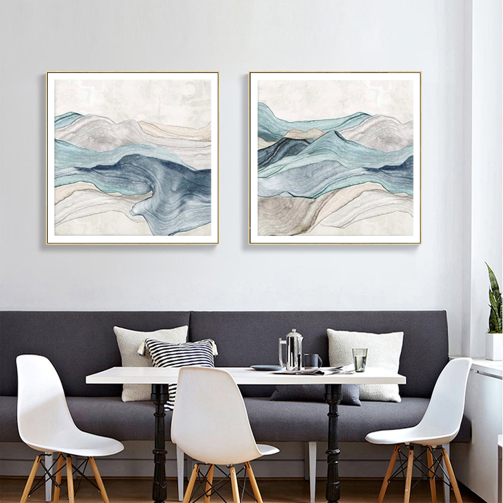 Wall Art 70cmx70cm Blue Mountain 2 Sets Gold Frame Canvas