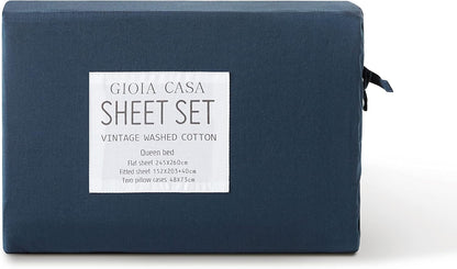 Vintage Washed 100% Cotton Sheet Set with 1 Pillowcases - Dark Indigo -Single