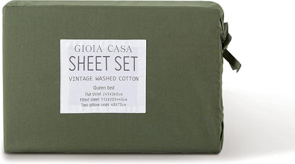 Vintage Washed 100% Cotton Sheet Set with 1 Pillowcases - Khaki Green - Single