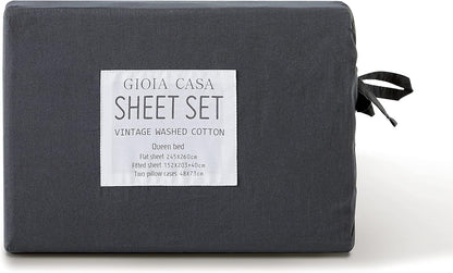 Vintage Washed 100% Cotton Sheet Set with 2 Pillowcases - Charcoal - King Size