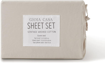 Vintage Washed 100% Cotton Sheet Set with 2 Pillowcases - Natural - King Size