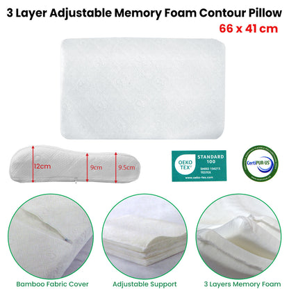 Hotel Living Adjustable 3-Layer Memory Foam Contour Pillow 41x66cm