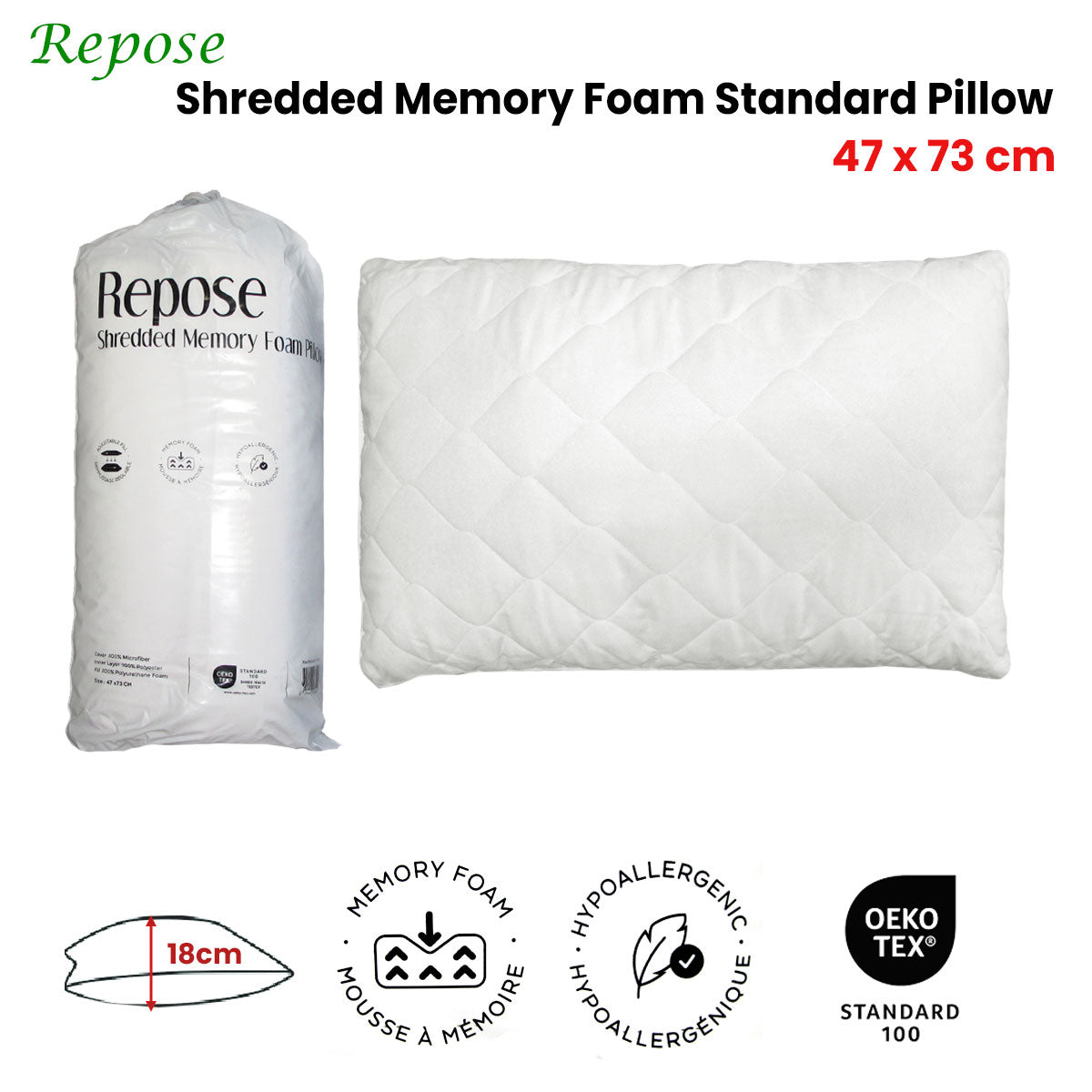 Repose Shredded Memory Foam Standard Pillow 47x73cm