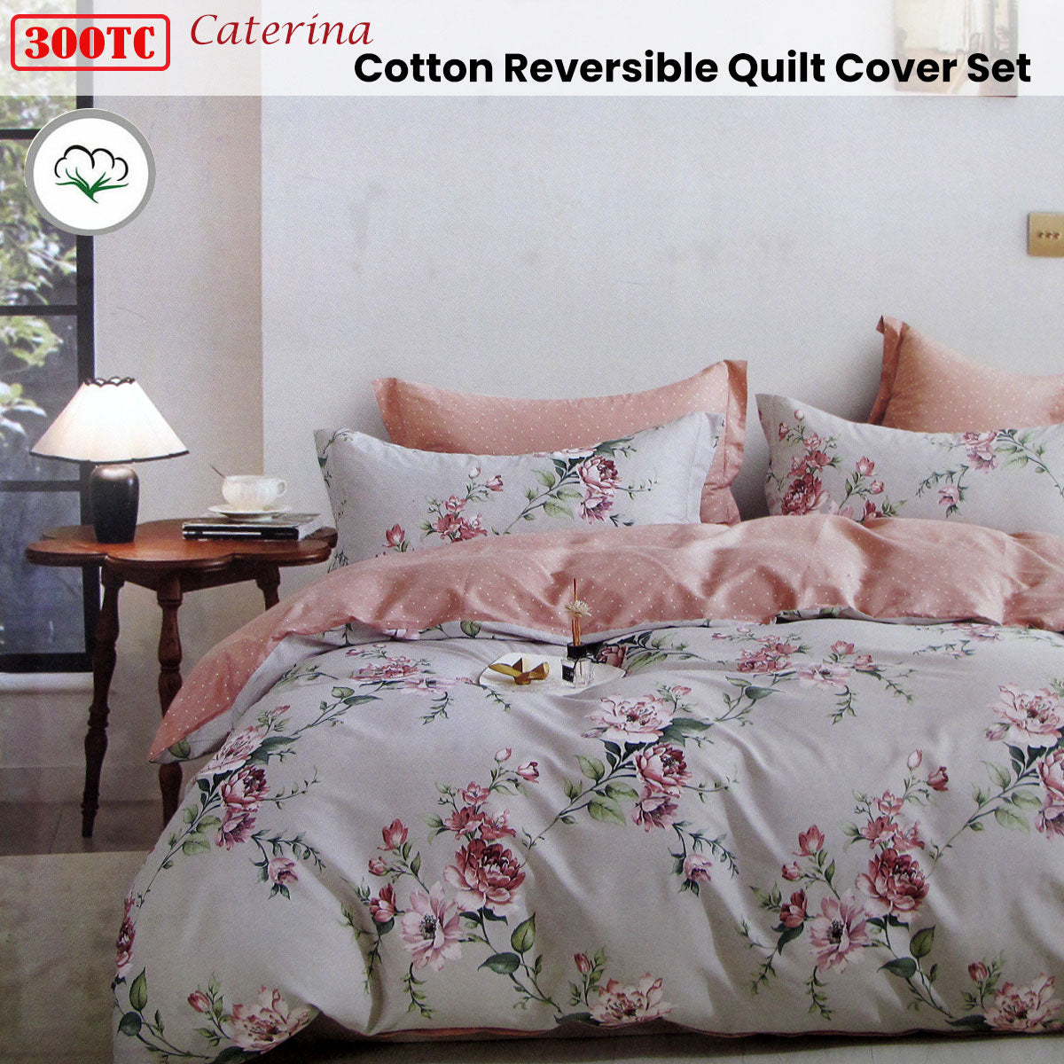 300TC Caterina Reversible Cotton Quilt Cover Set King