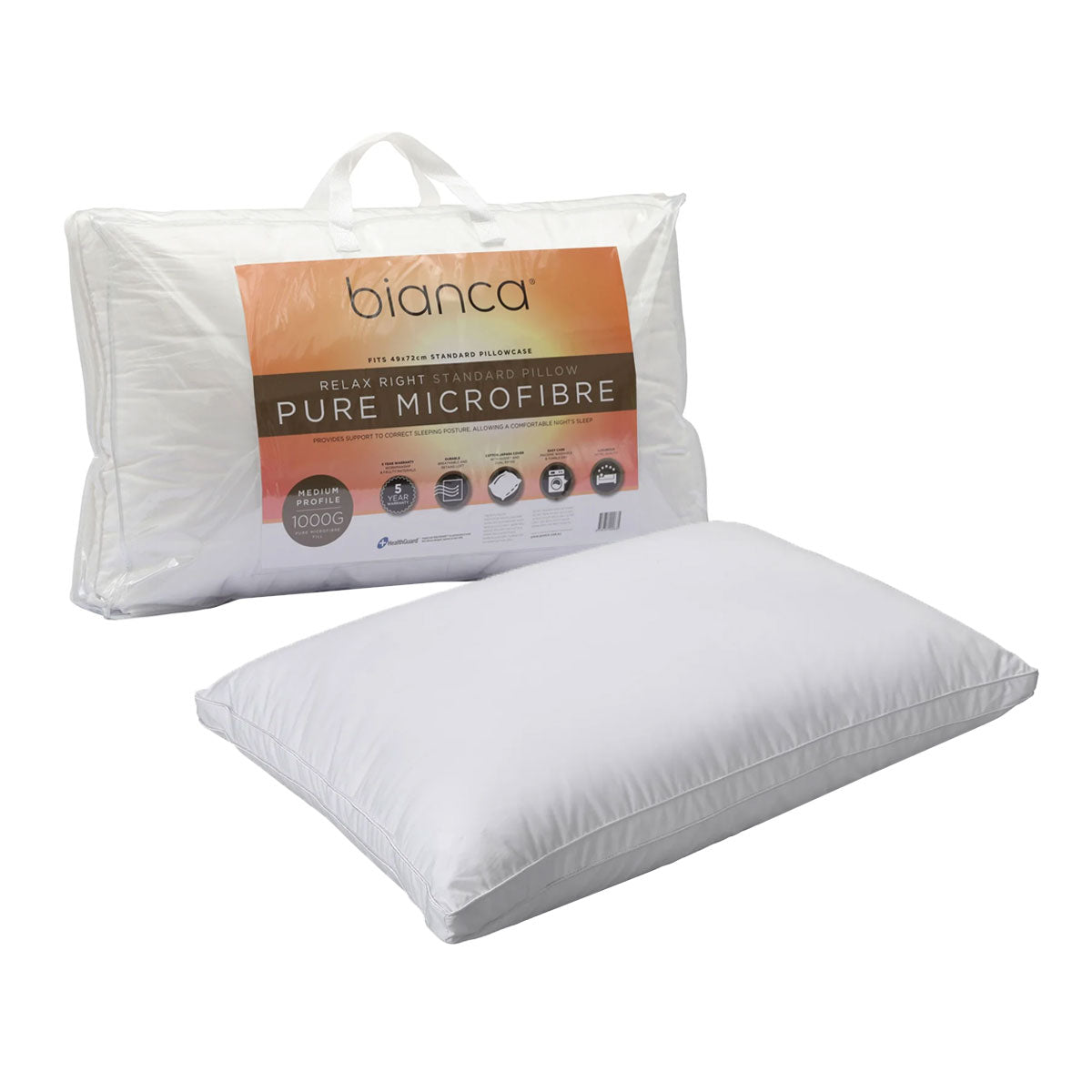 Bianca 1000g Relax Right Pure Microfiber Medium Profile Standard Pillow 49 x 72cm