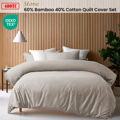 Accessorize Stone 400TC Stone Bamboo Cotton Double Stitched Quilt Cover Set Double