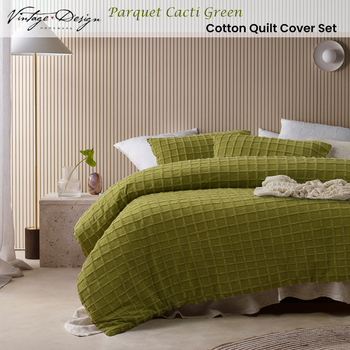 Vintage Design Homewares Parquet Cacti Green Cotton Quilt Cover Set King