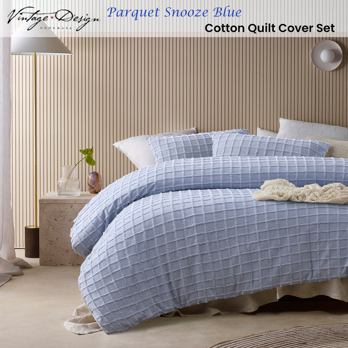 Vintage Design Homewares Parquet Snooze Blue Cotton Quilt Cover Set Single