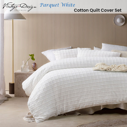 Vintage Design Homewares Parquet White Cotton Quilt Cover Set Queen