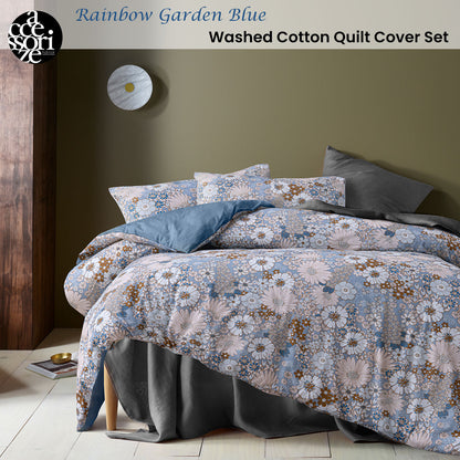 Accessorize Rainbow Garden Blue Washed Cotton Quilt Cover Set Queen