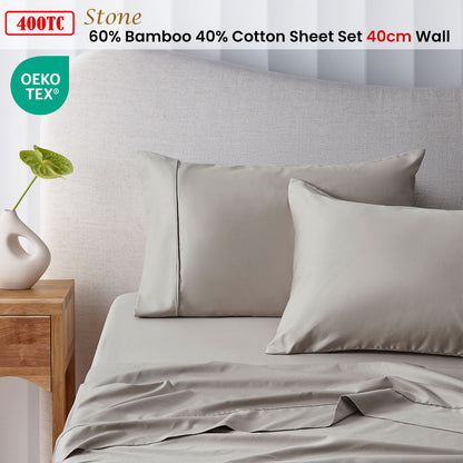 Accessorize 400TC Stone Bamboo Cotton Sheet Set 40cm Wall King Single