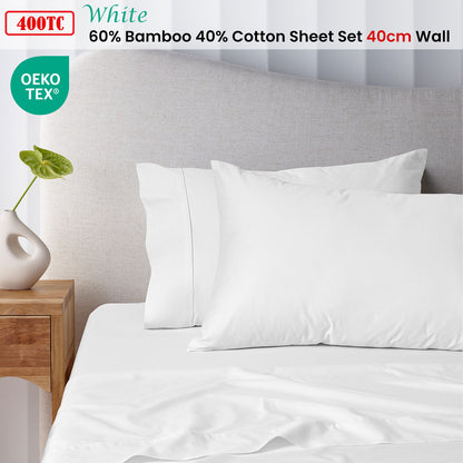 Accessorize 400TC White Bamboo Cotton Sheet Set 40cm Wall King