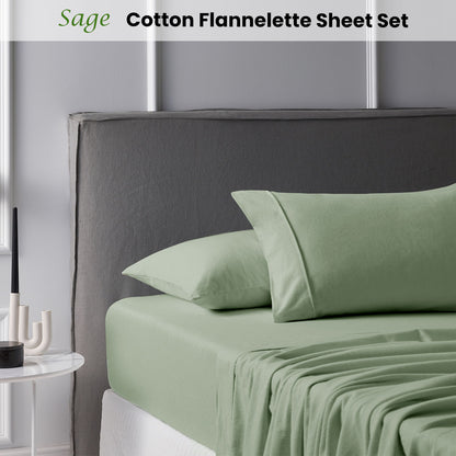 Accessorize Cotton Flannelette Sheet Set 40cm Wall Sage King