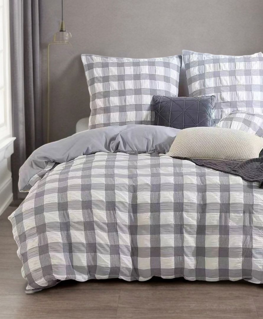 Rylee Grey Check Seersucker Quilt Cover Set - Super King Size